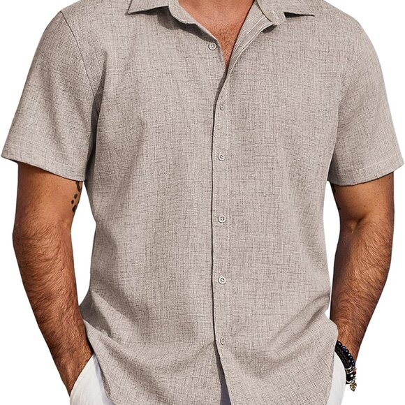 Men's Beach Summer Shirts Linen Texture Shirts Short Sleeve Casual Button Down S